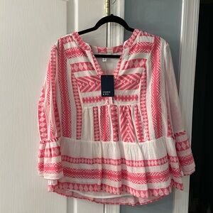 Crown & Ivy White Pink Tiered Boho 3/4 Sleeve Top Size larger